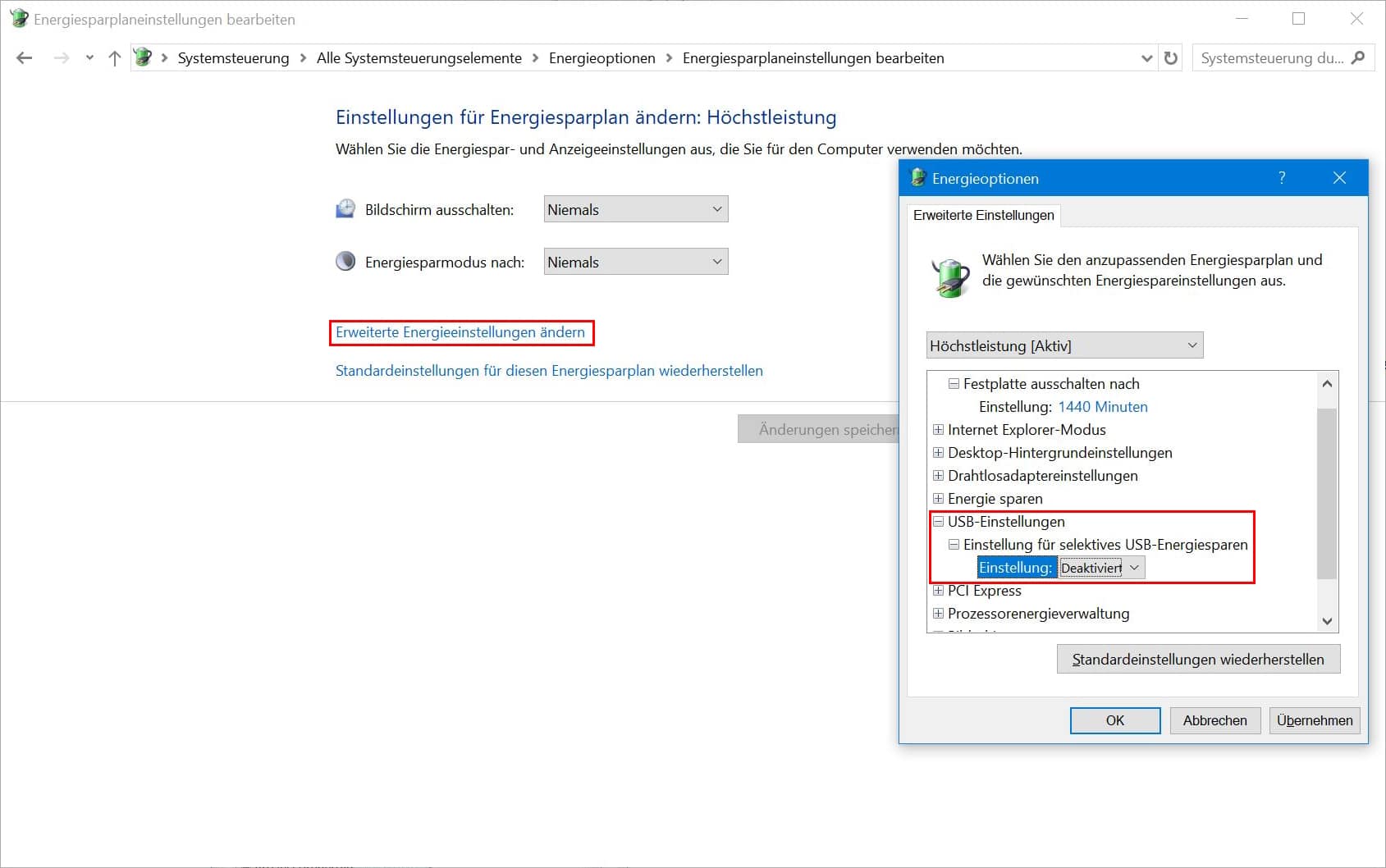externe Festplatte wiederherstellen - selektives Anhalten USB deaktivieren - Screenshot 3