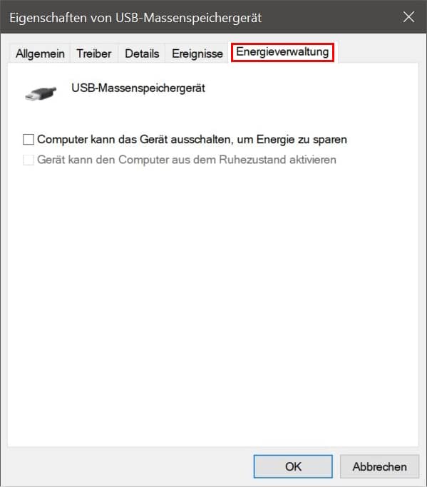 In den Reiter Energieverwaltung wechseln, wenn USB-Festplatte nicht erkannt wird
