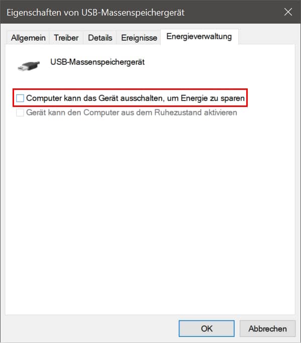 Haken in der Energieverwaltung entfernen, wenn externe Festplatte nicht erkannt wird