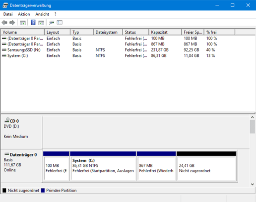 Festplatte einrichten Screenshot Datenträgerverwaltung