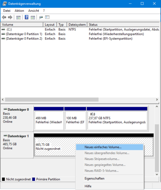Festplatte einrichten Screenshot neues Volume