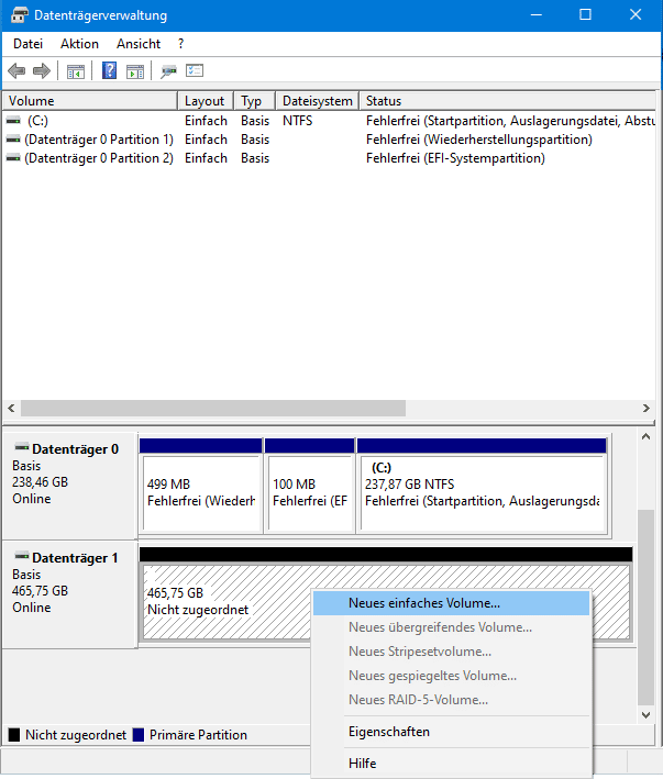Festplatte einrichten Screenshot neues Volume
