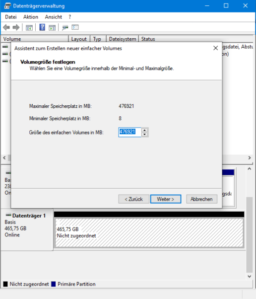 Festplatte einrichten Screenshot Volumengröße