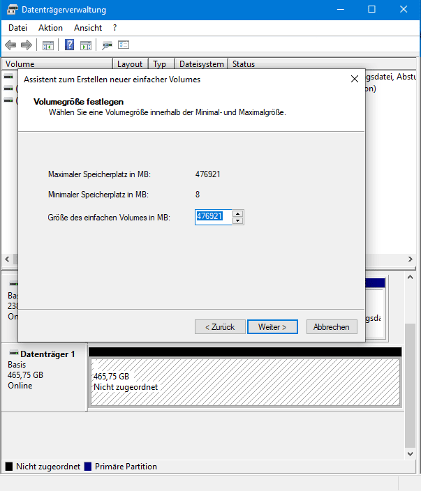 Festplatte einrichten Screenshot Volumengröße