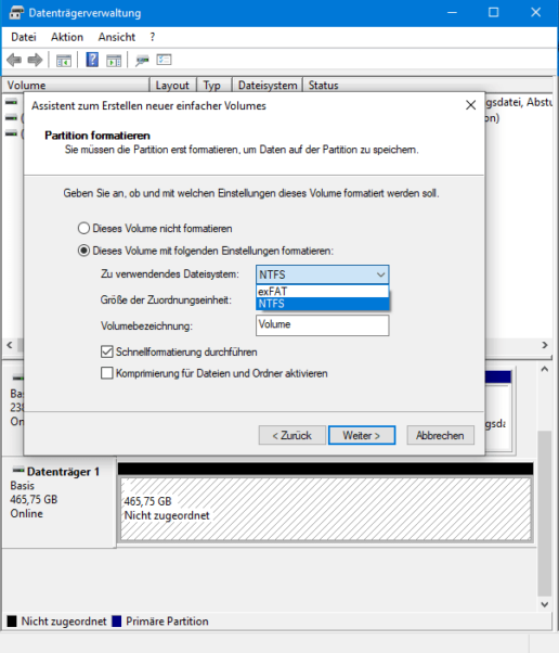 Festplatte einrichten Screenshot Dateisystem