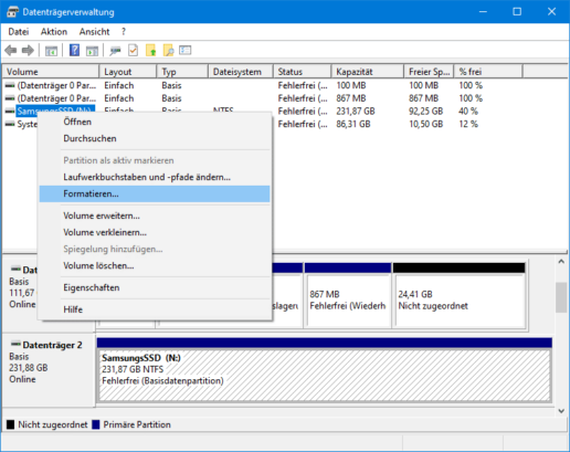 Festplatte Formatieren Screenshot Datenträgerverwaltung