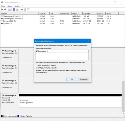 Festplatte initialisieren Datenträgerverwaltung Screenshot 4
