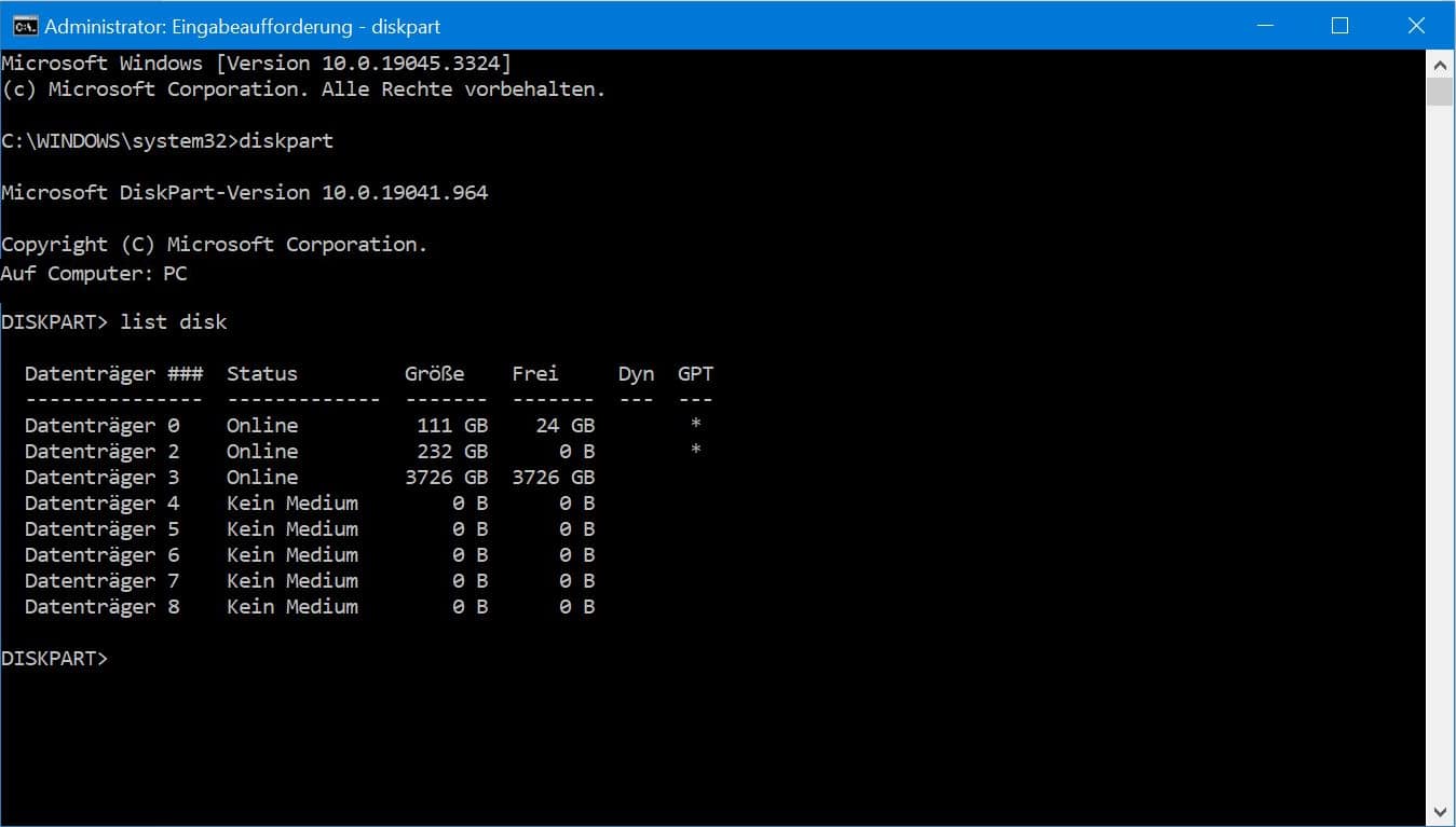 Festplatte initialisieren Eingabeaufforderung Screenshot 3