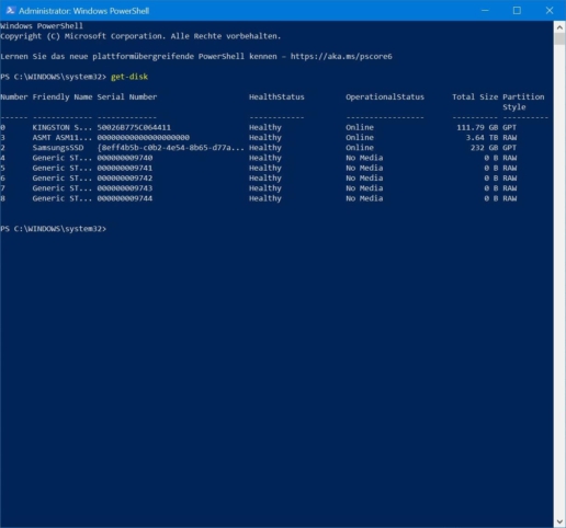 Festplatte initialisieren PowerShell Screenshot 2