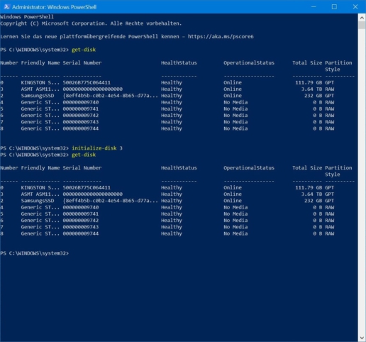 Festplatte initialisieren PowerShell Screenshot 3