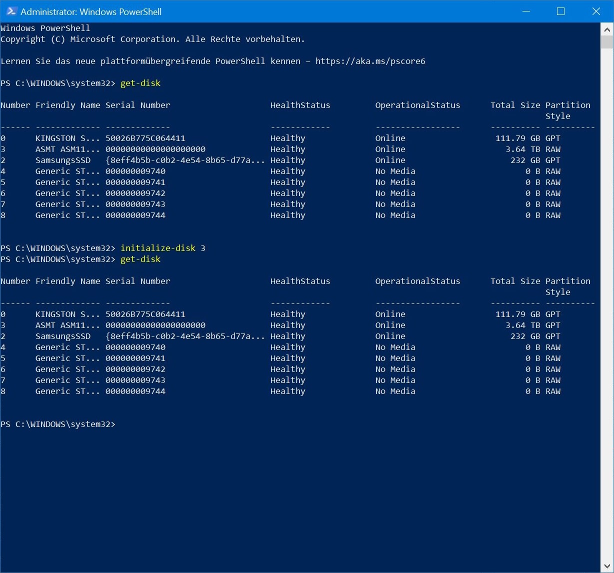 Festplatte initialisieren PowerShell Screenshot 3