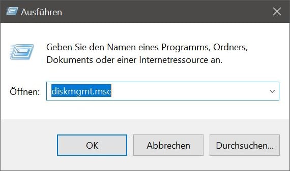 Befehl diskmgmt.msc eingeben, um Datenträgerverwaltung bei nicht erkannter Festplatte zu öffnen