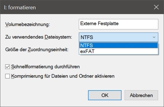 Volumennamen und Dateisystem zur Festplatten-Identifikation festlegen