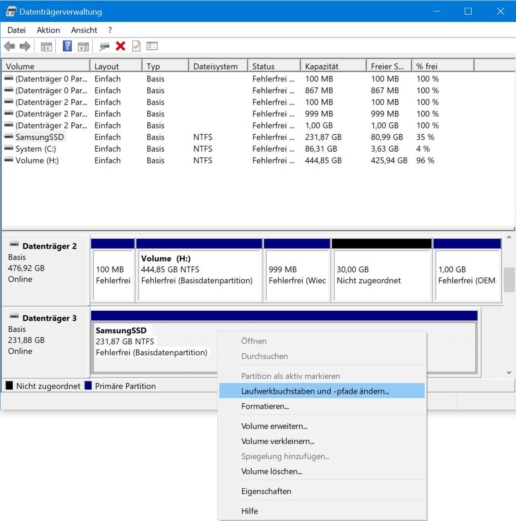 Laufwerksbuchstabe SSD ändern Screenshot Rechtsklick