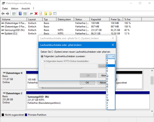 Festplatte Laufwerksbuchstabe Screenshot Buchstabenauswahl