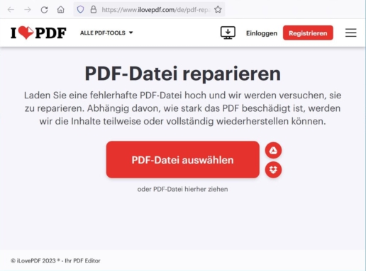 PDF-Dateien retten Screenshot Onlinedienst