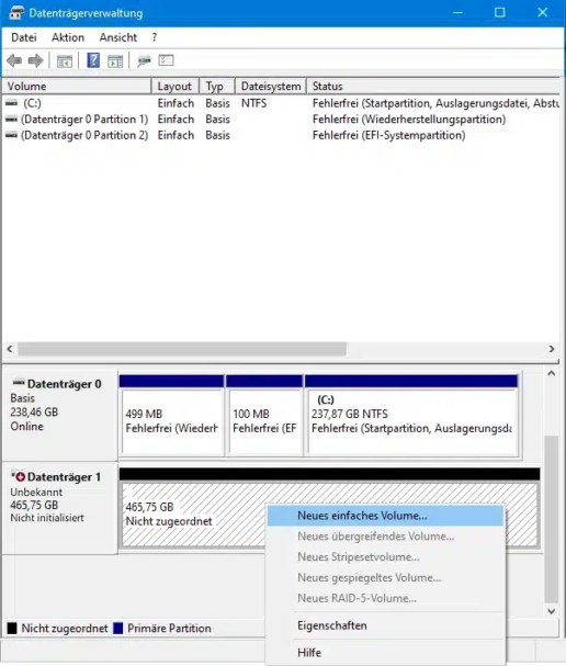 SSD einrichten Screenshot Volumeauswahl