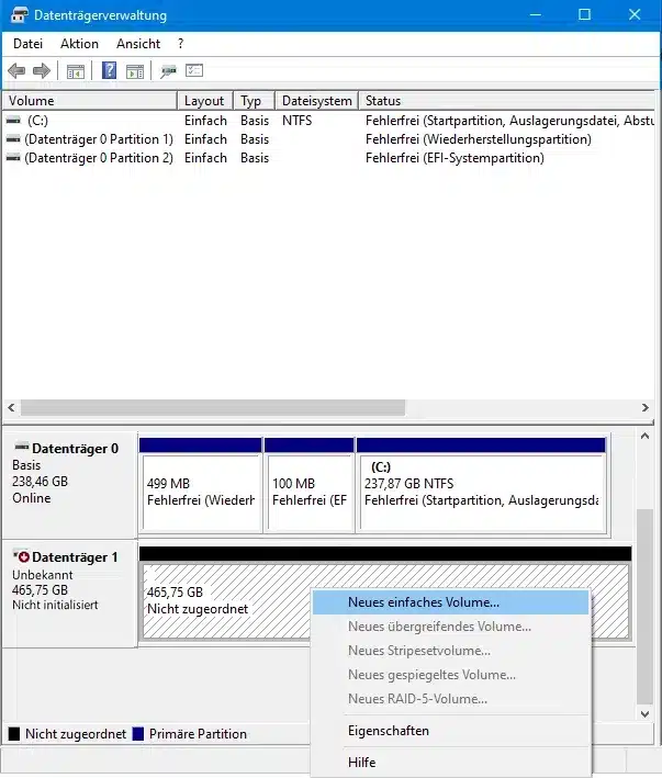 SSD einrichten Screenshot Volumeauswahl