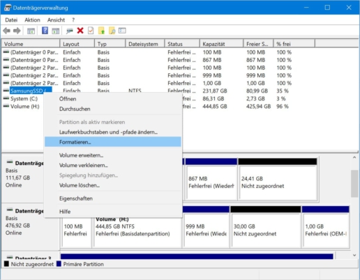 SSD formatieren - Screenshot 1 - Datenträgerverwaltung