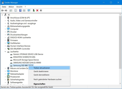SSD Treiber aktualisieren - Screenshot Geräte-Manager