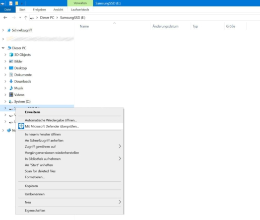 SSD Virenscan - Screenshot Microsoft Defender