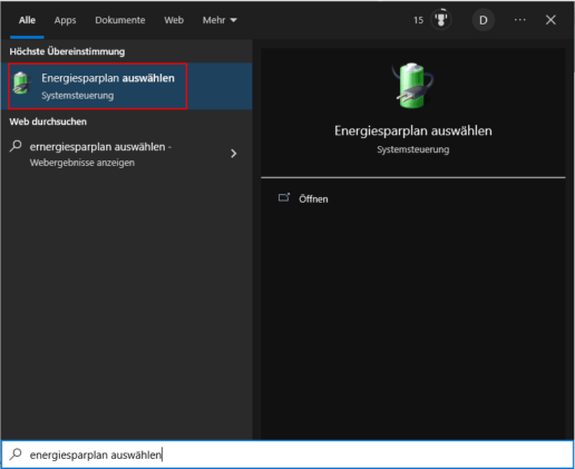 Screenshot Energiesparplan auswählen