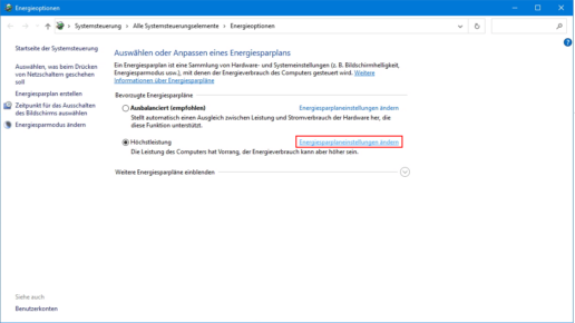 Screenshot Energiesparplaneinstellungen ändern
