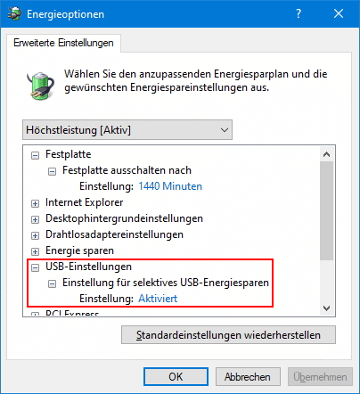 Screenshot Einstellungen für selektives USB-Energiesparen