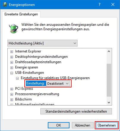 Screenshot selektives USB-Energiesparen deaktivieren